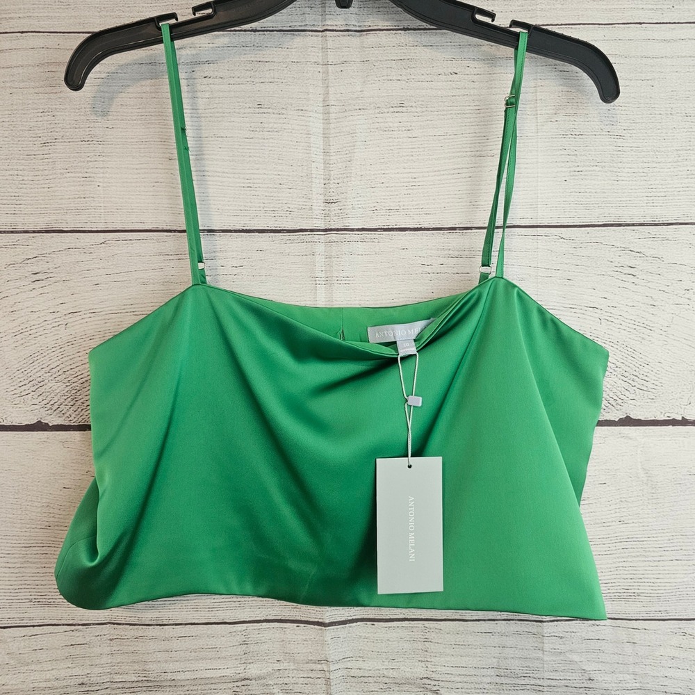 Antonio Melani 10 Callista Square Neck Satin Crop Tank Top Fern Green NWT 1225